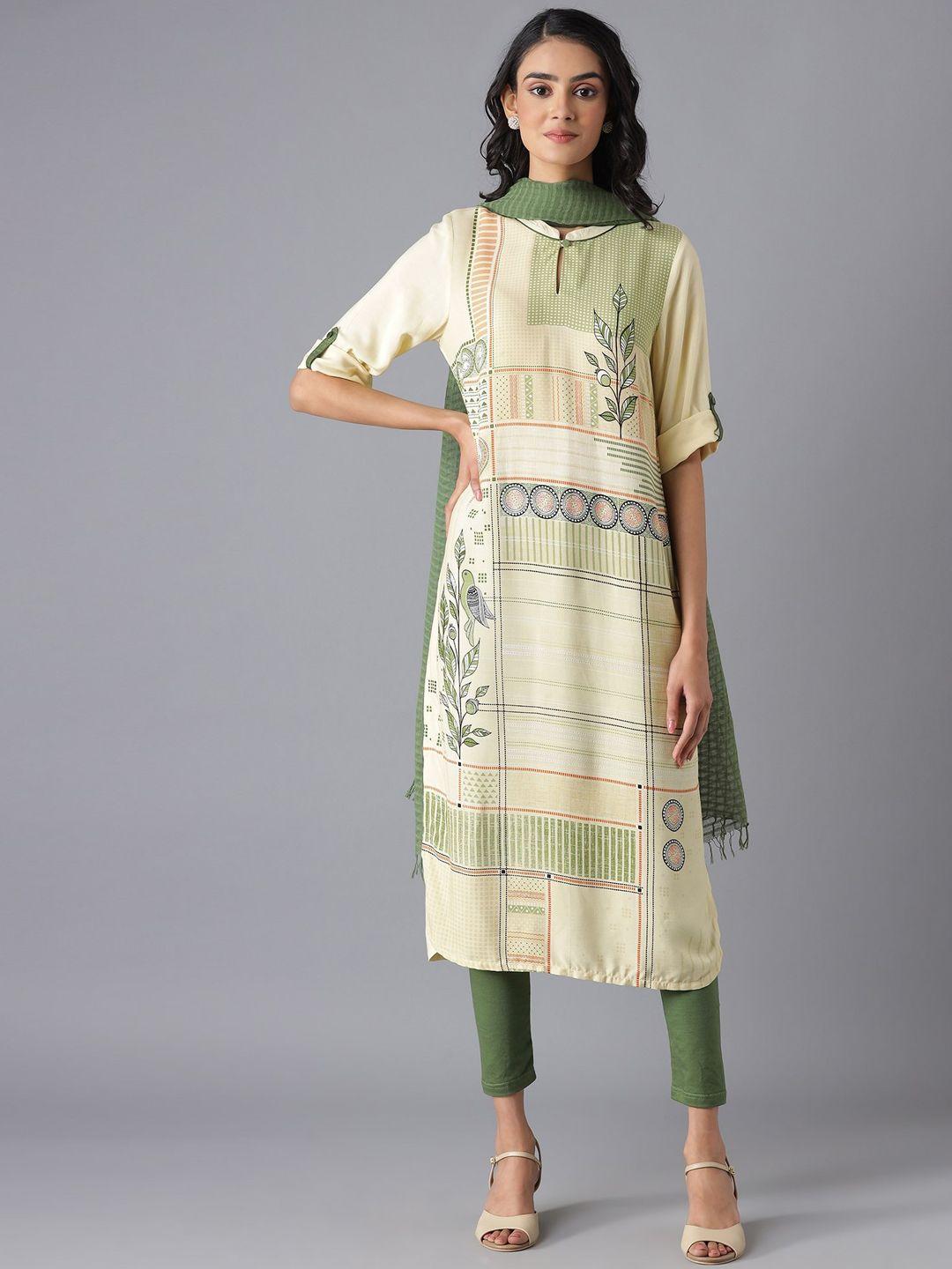 aurelia women green floral checked keyhole neck kurta