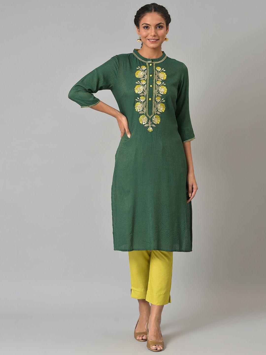 aurelia women green floral embroidered kurta with trousers
