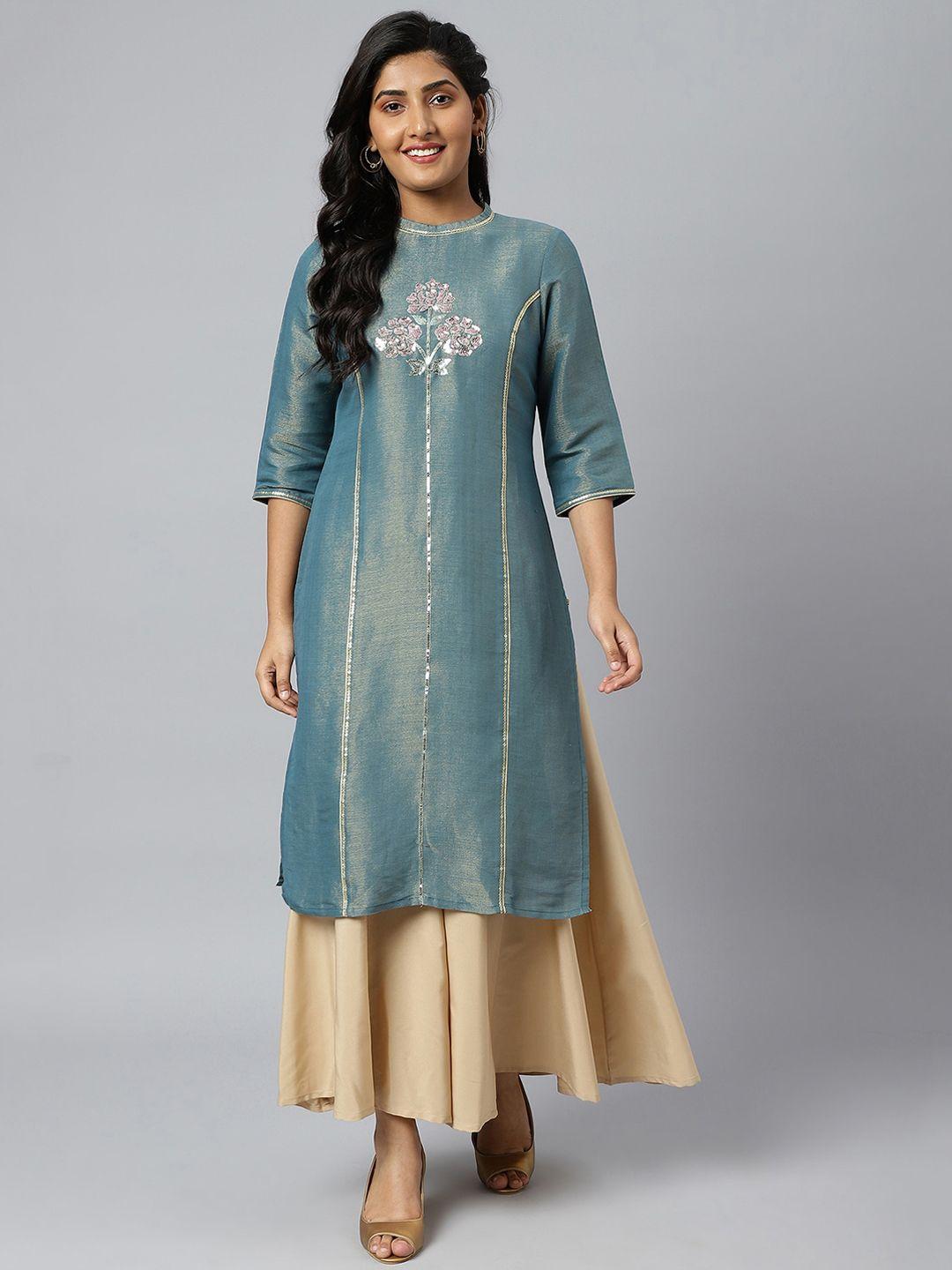 aurelia women green floral embroidered kurta