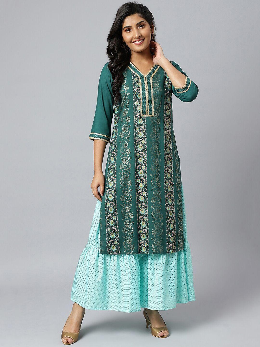 aurelia women green floral foil print ethnic liva kurta