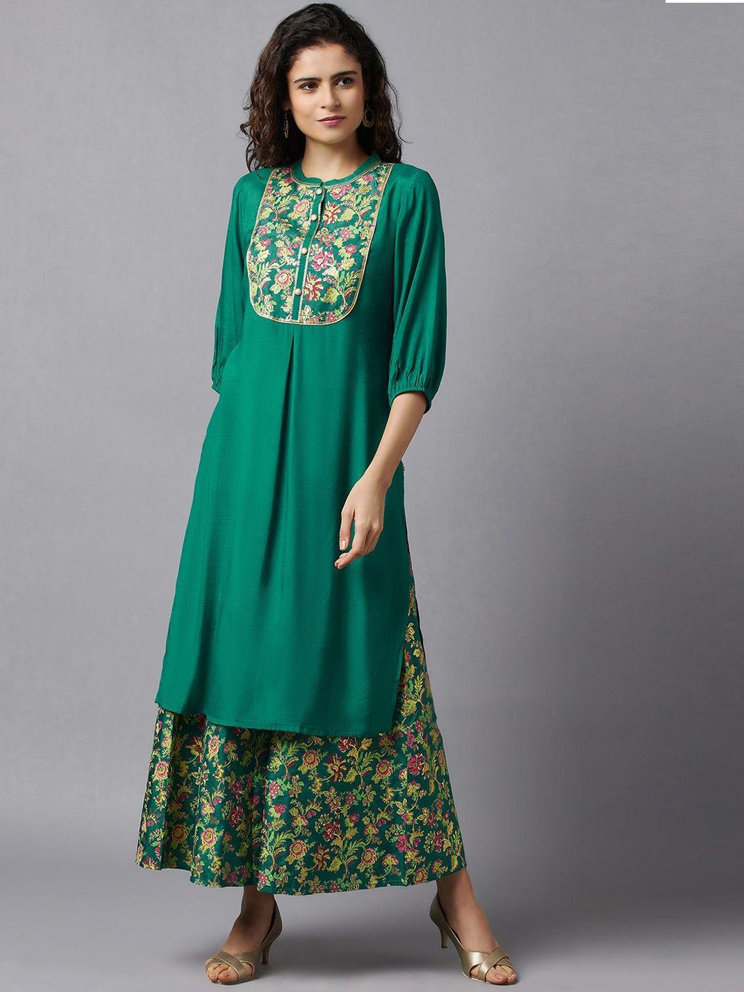 aurelia women green floral printed kurta with palazzos