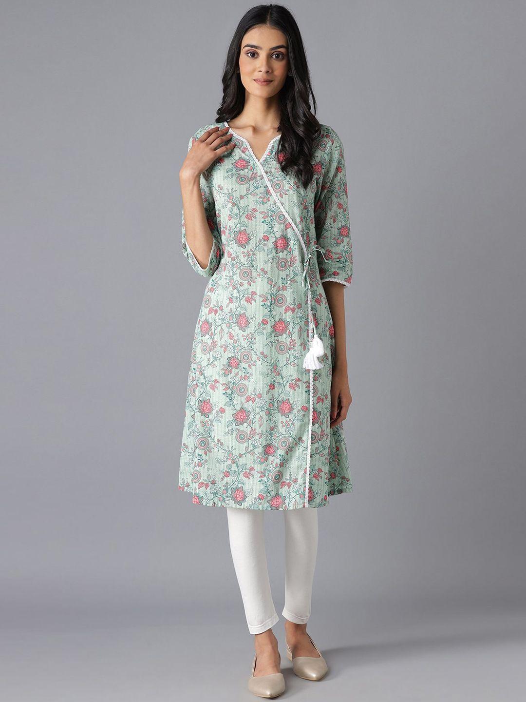 aurelia women green floral printed thread work kurta