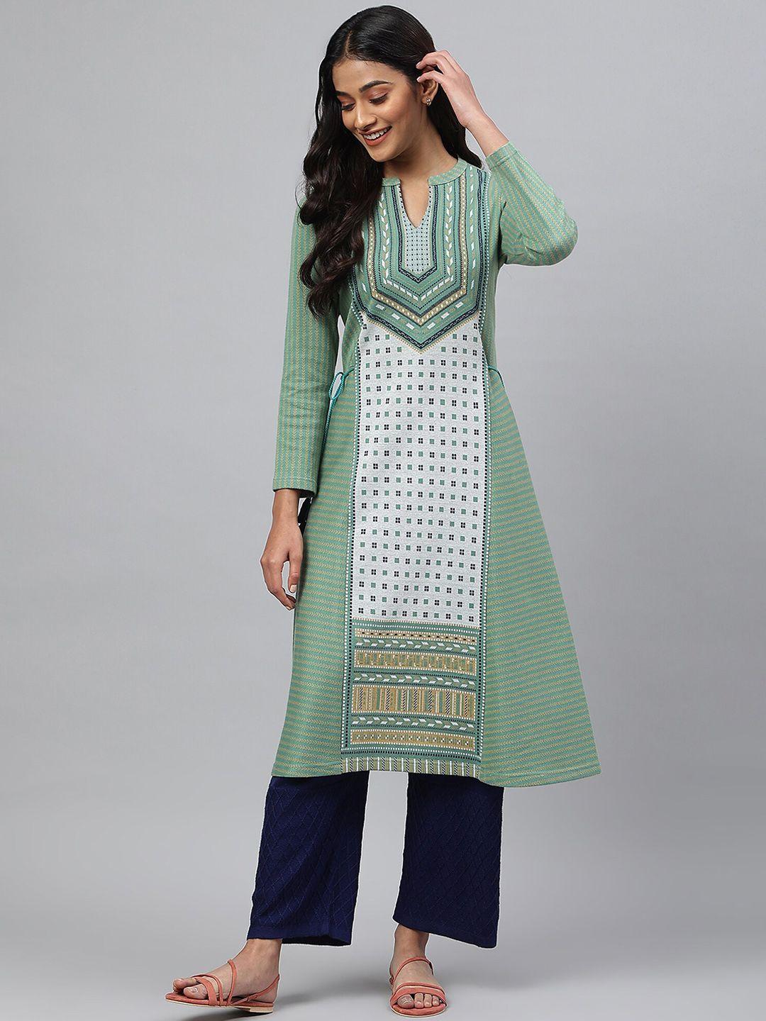 aurelia women green geometric printed kurta