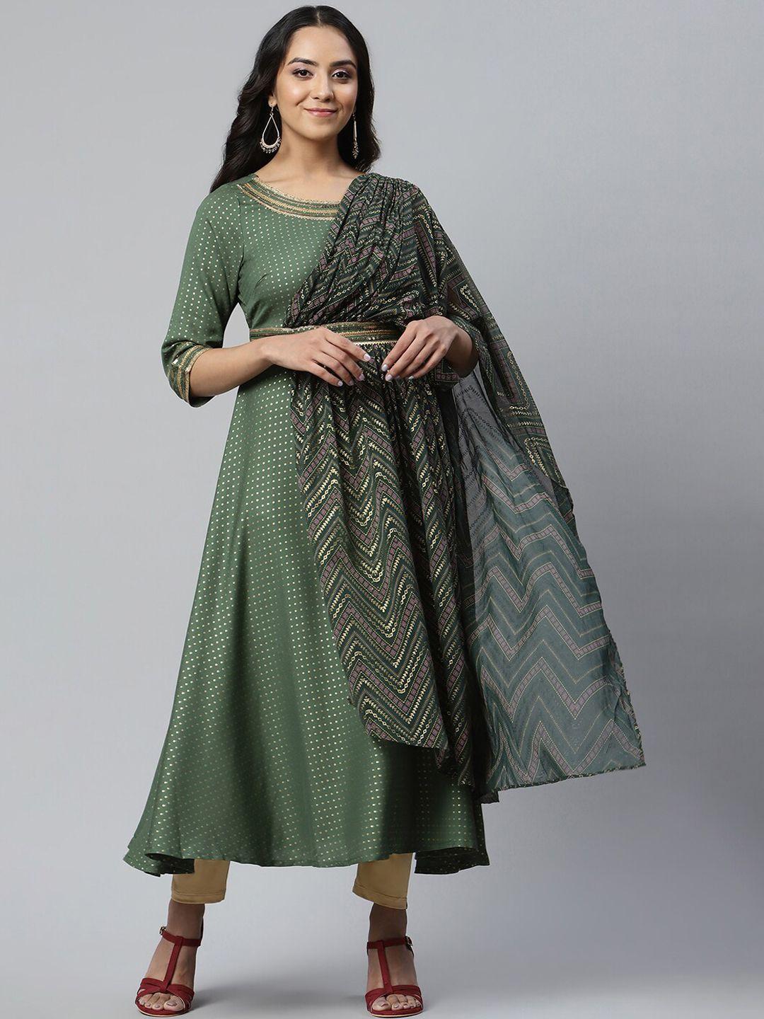 aurelia women green geometric striped flared sleeves thread work asymmetric anarkali kurta