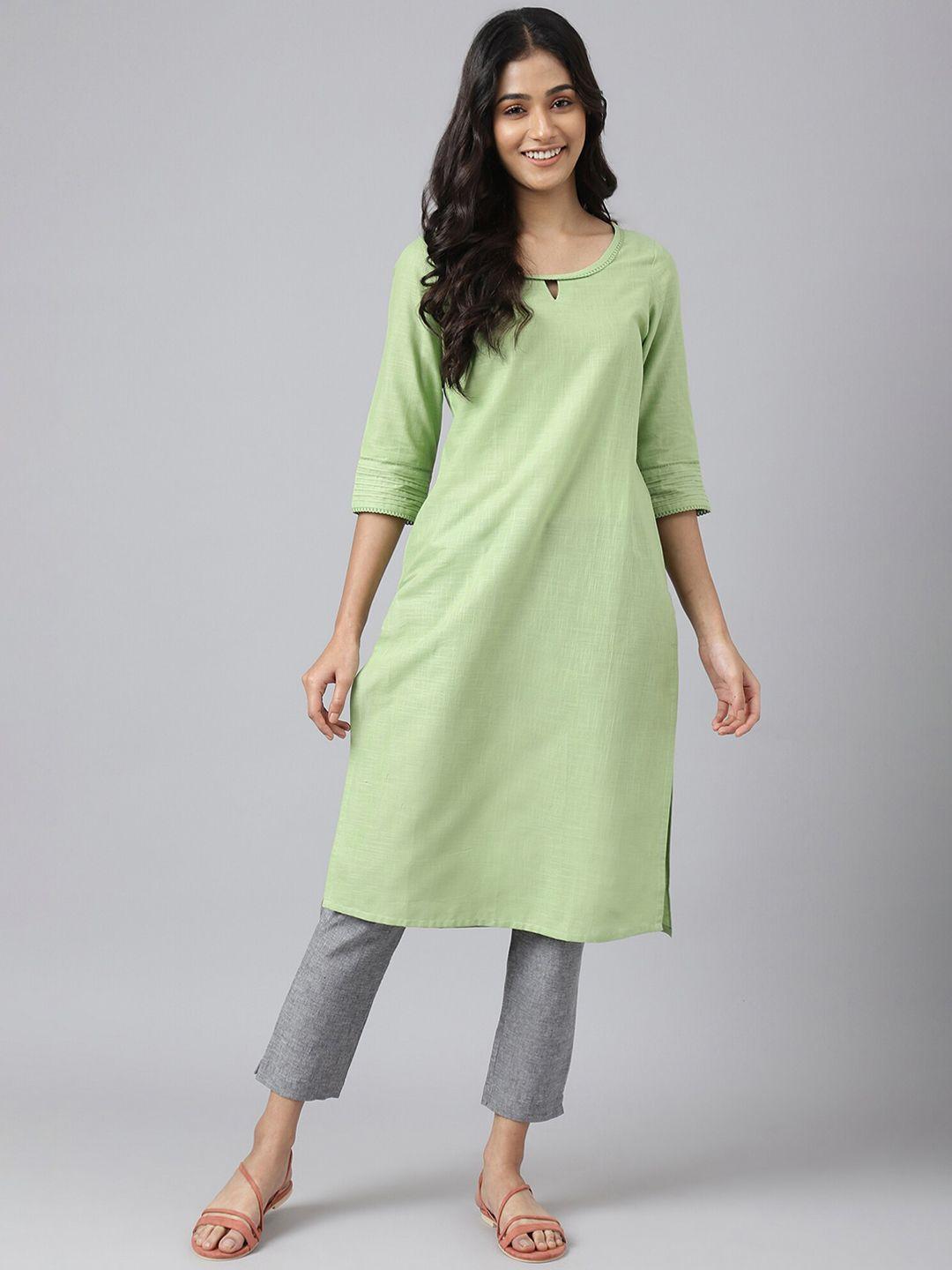 aurelia women green keyhole neck pure cotton kurta