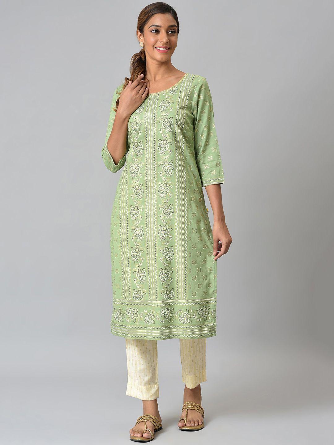 aurelia women green paisley printed straight kurta