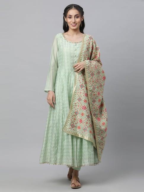 aurelia women green polka dots viscose kurta set with leggings & dupatta