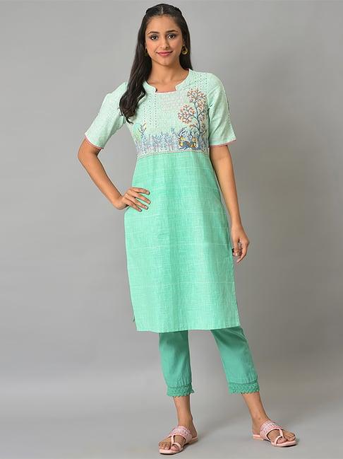 aurelia women green printed cotton kurta