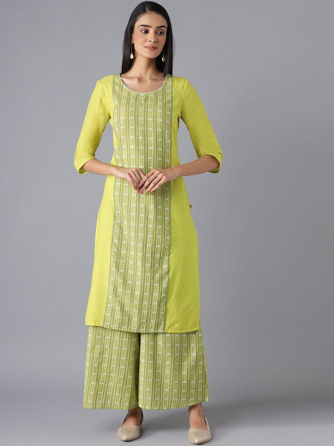 aurelia women green printed panelled pure cotton kurta with palazzos