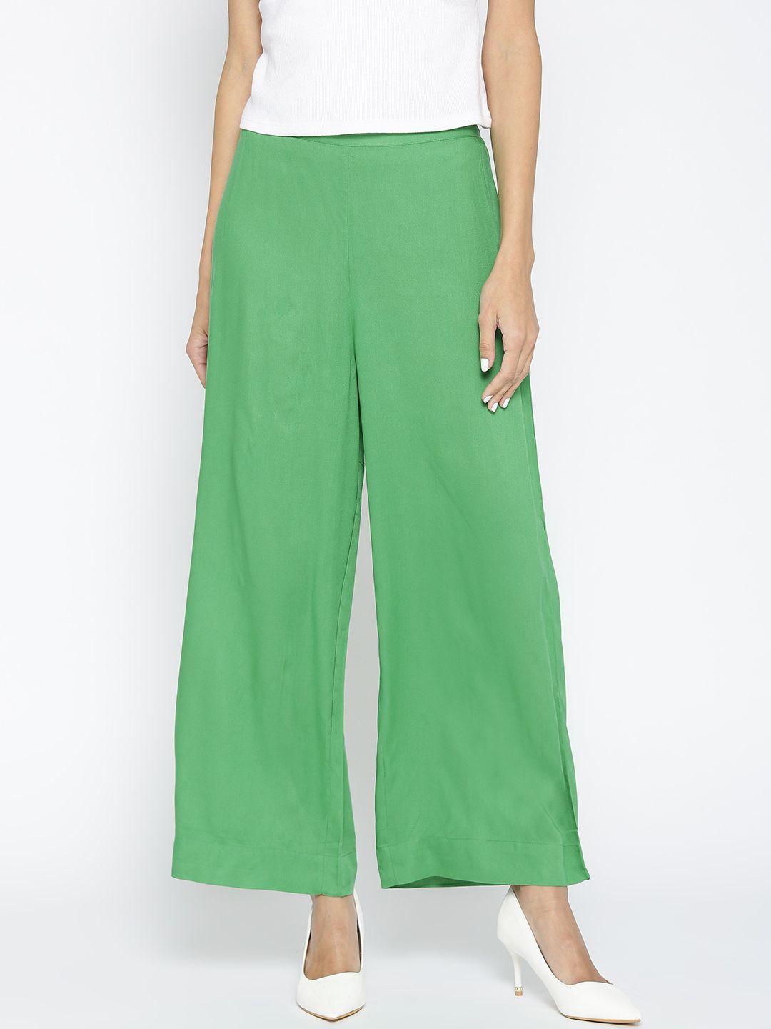 aurelia women green solid straight palazzos