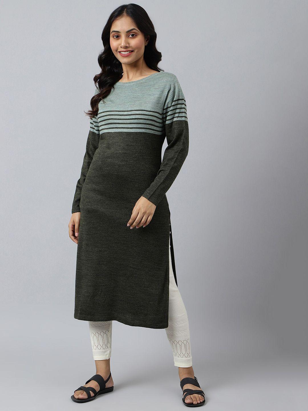 aurelia women green striped kurta