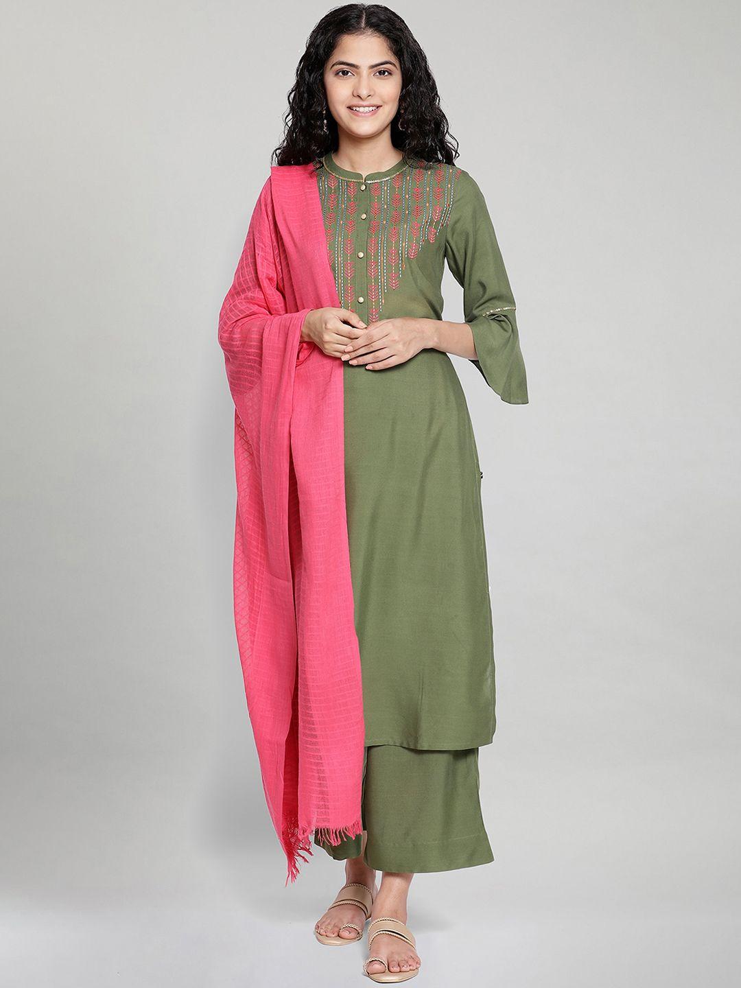 aurelia women green yoke design kurta with trousers & dupatta