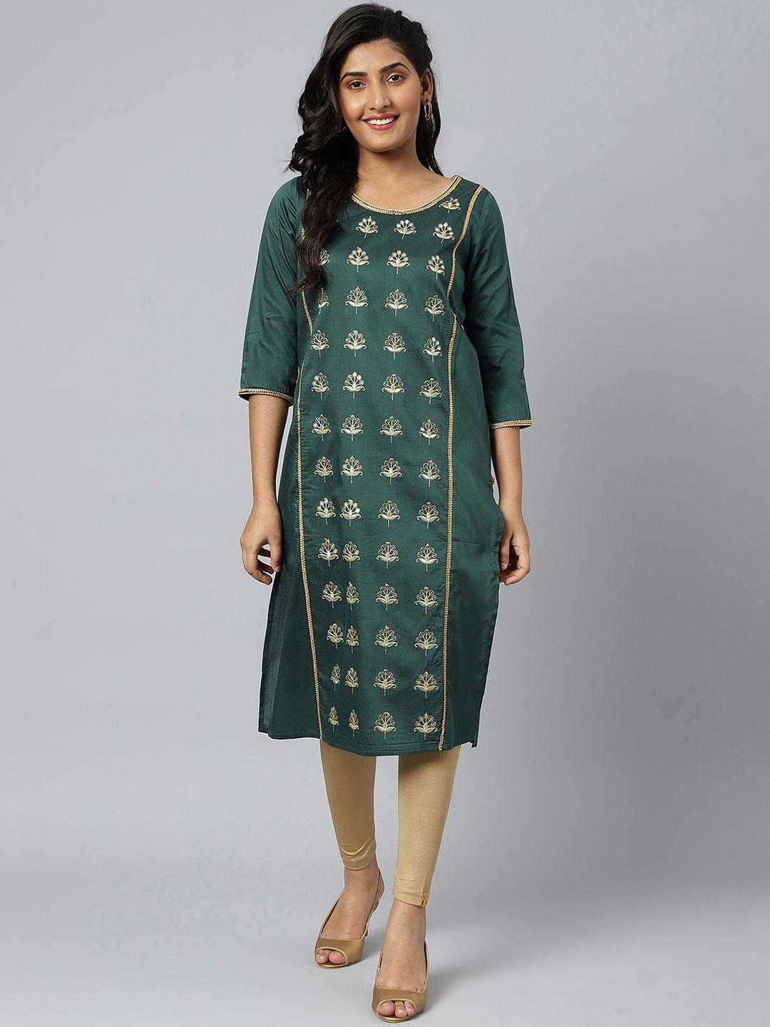 aurelia women green zari embroidered ethnic liva kurta