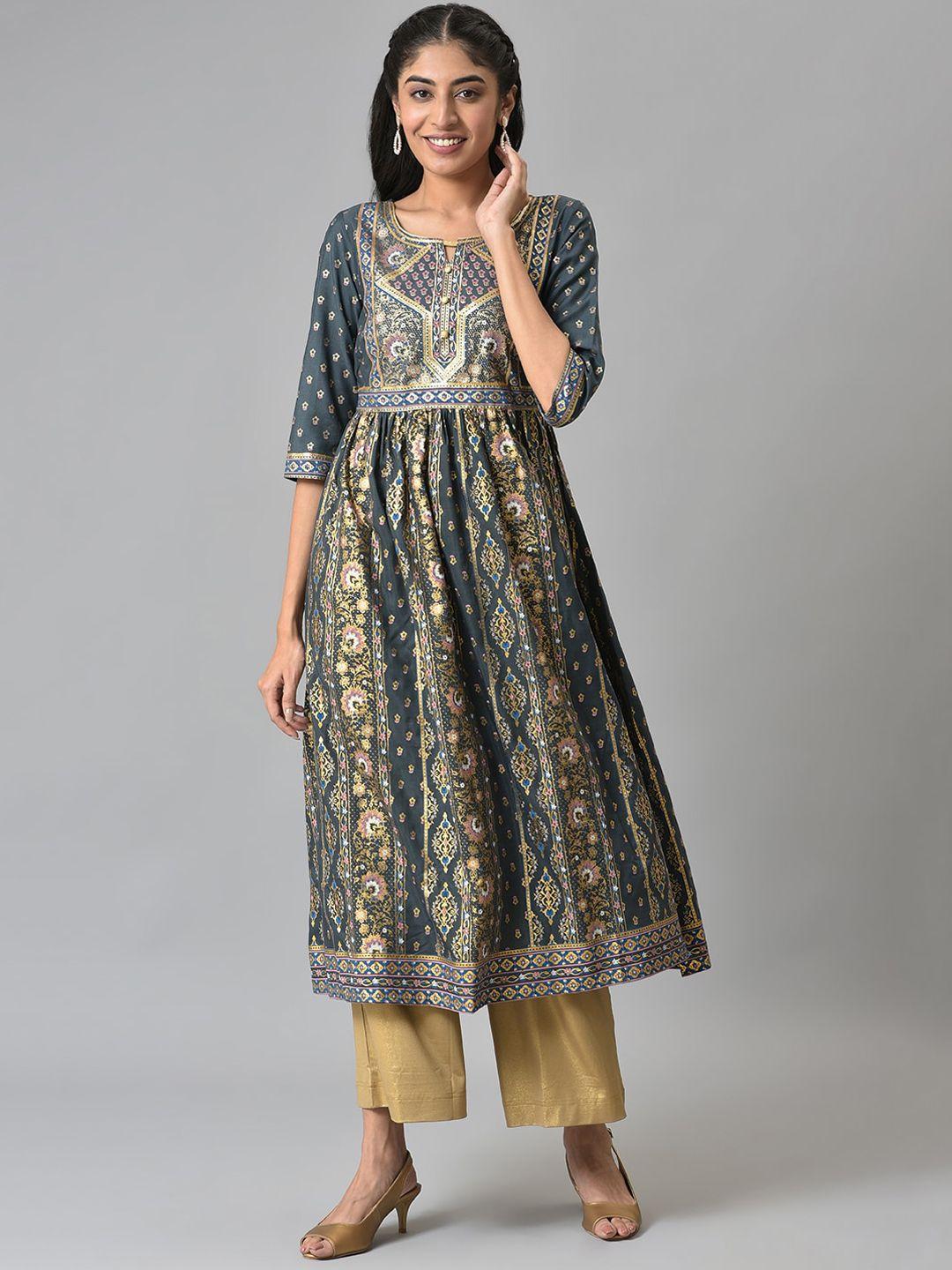 aurelia women grey & gold-toned ethnic motifs printed keyhole neck anarkali kurta