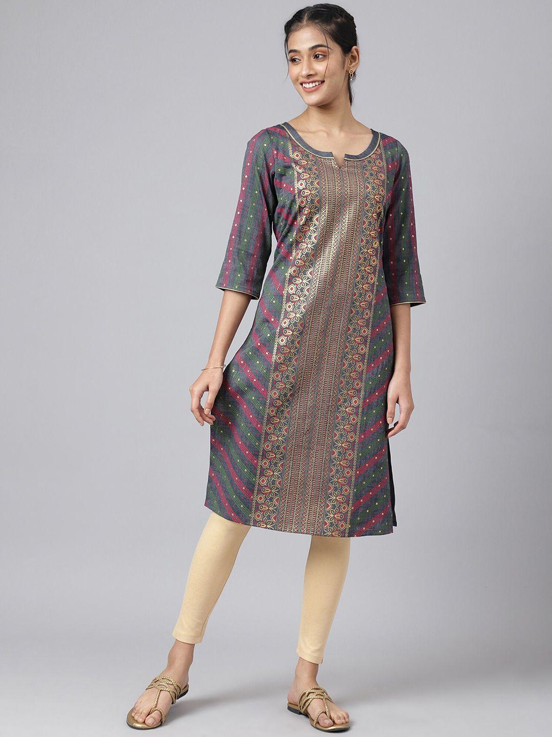 aurelia women grey & gold-toned ethnic motifs printed kurta