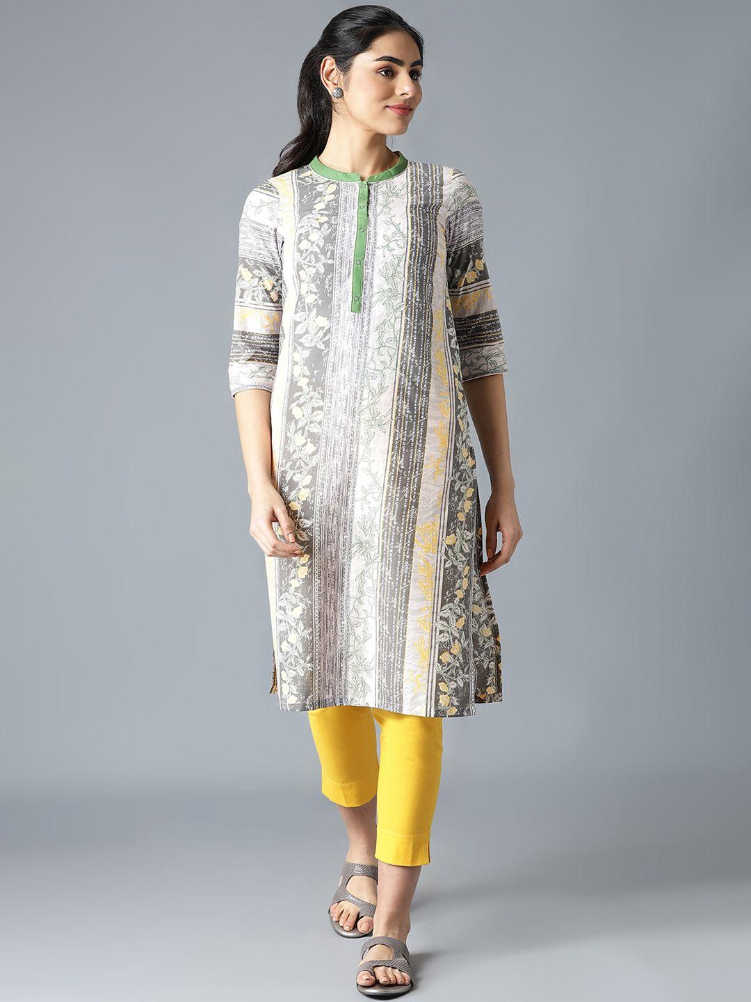 aurelia women grey & yellow floral printed pure cotton kurta