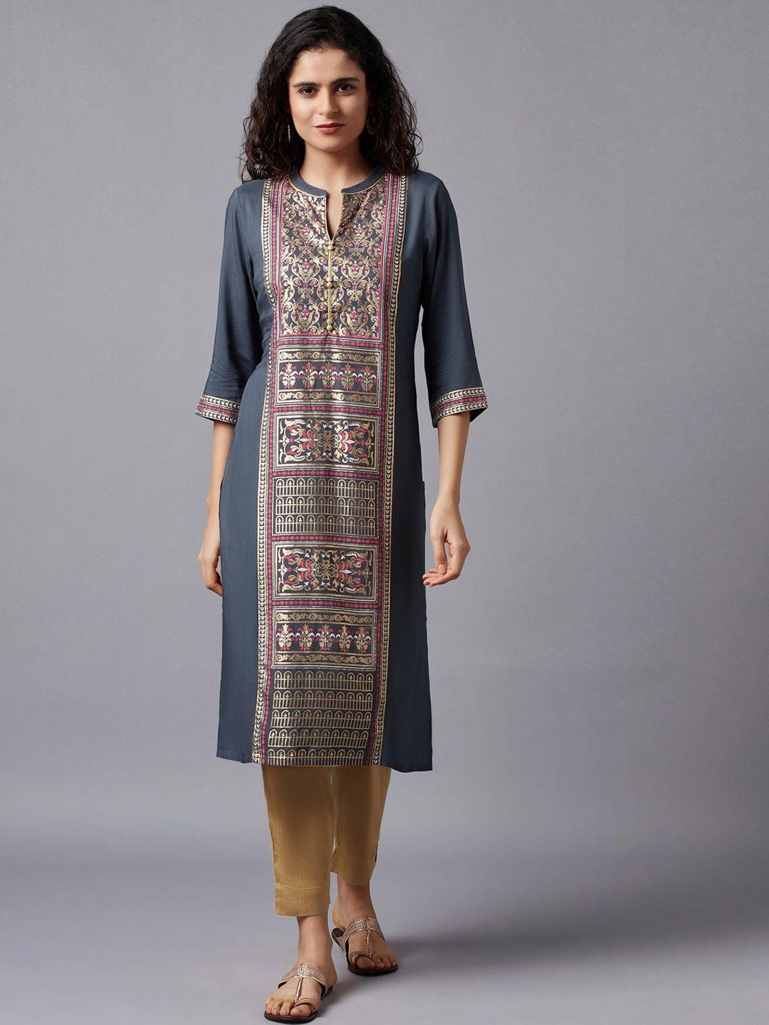 aurelia women grey ethnic motifs printed keyhole neck kurta