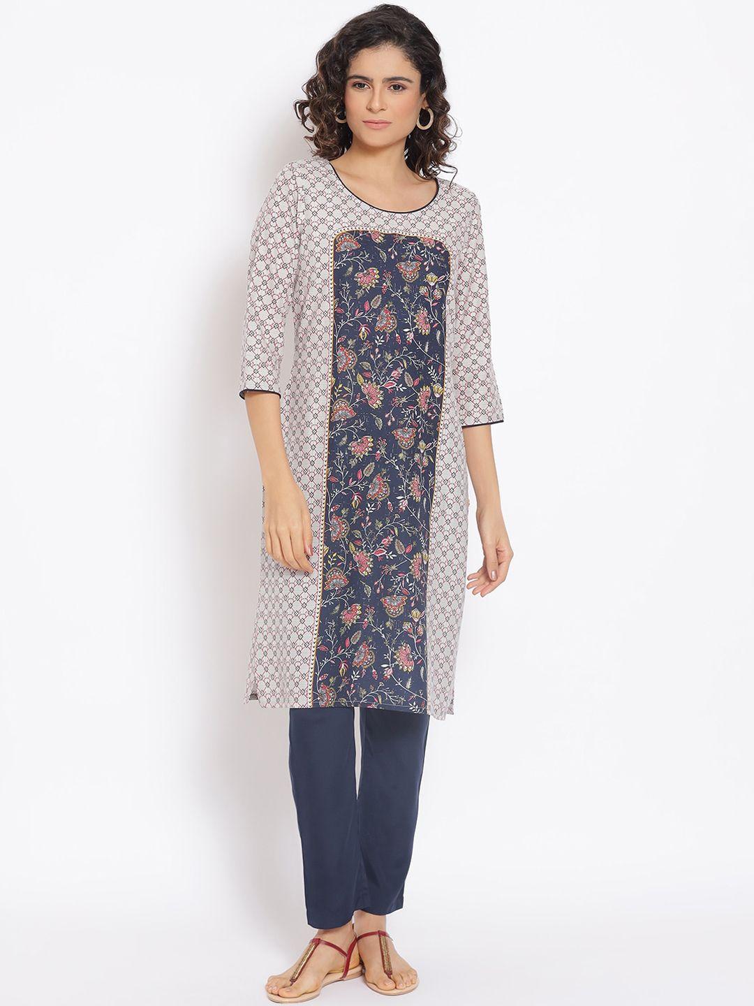 aurelia women grey floral printed kurta with trousers