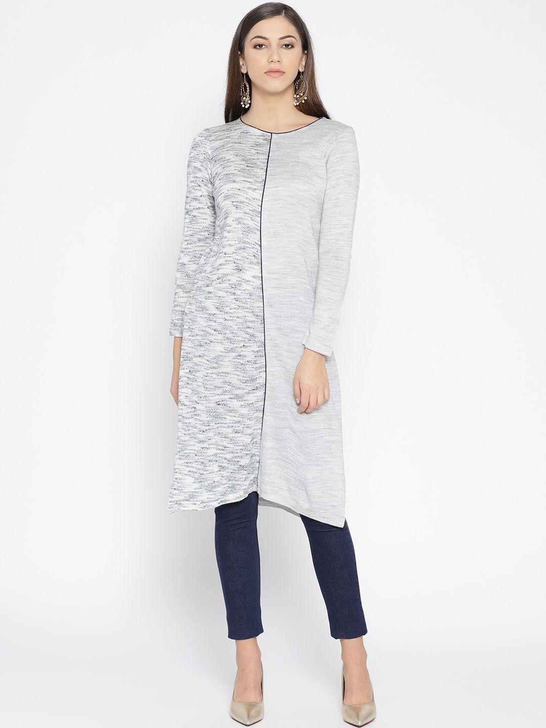 aurelia women grey melange & navy blue woven design knitted winter straight kurta