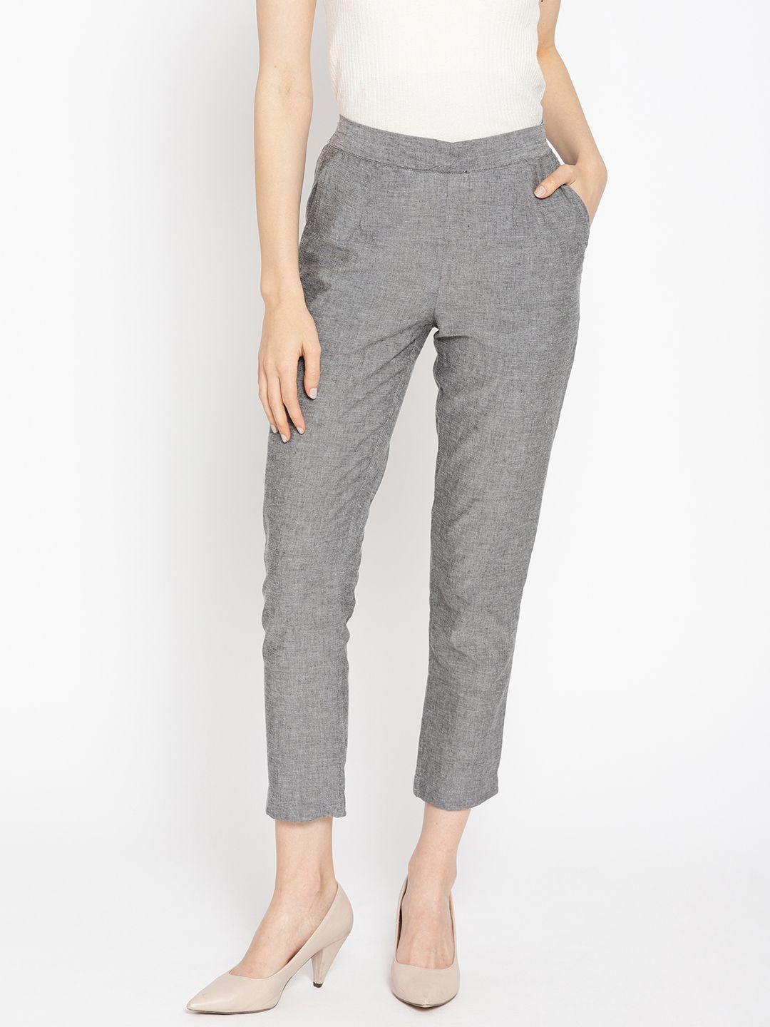 aurelia women grey regular fit solid cigarette cropped trousers