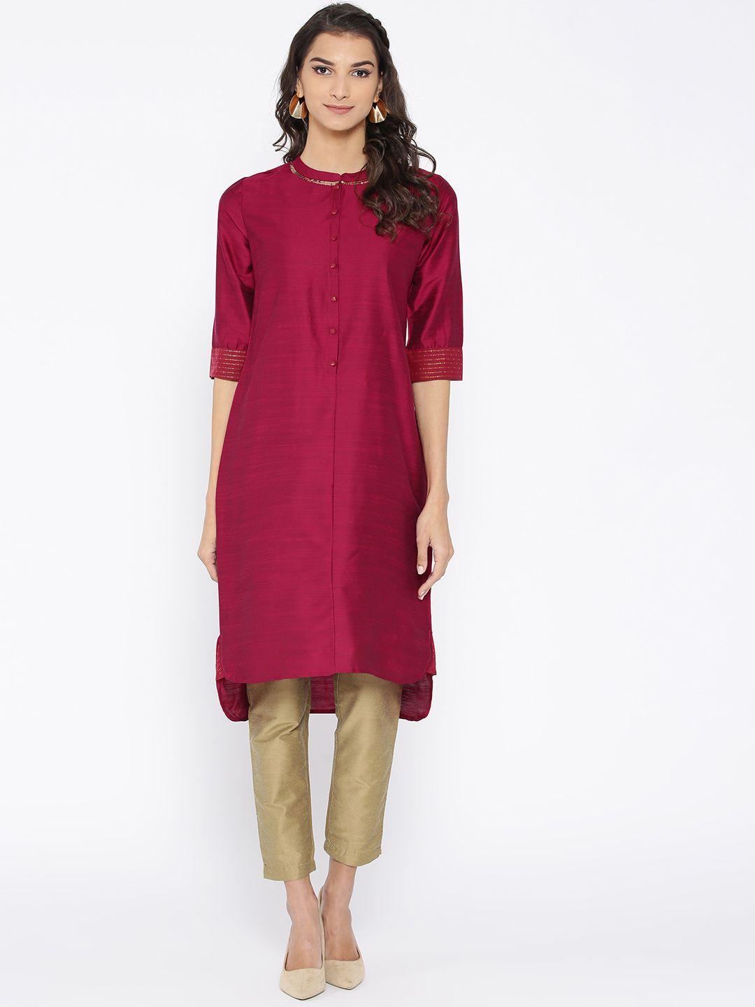 aurelia women magenta solid straight kurta