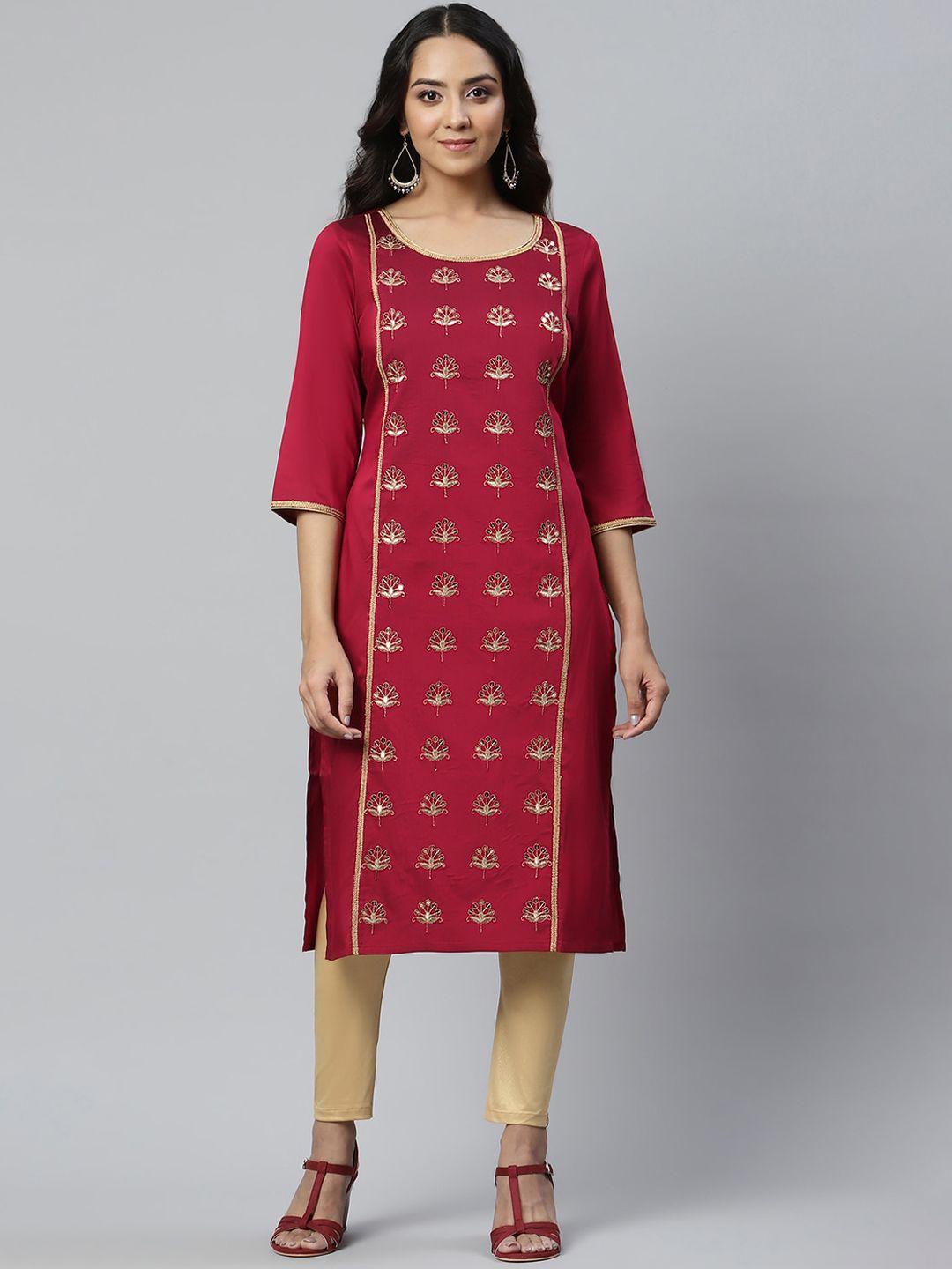 aurelia women maroon & gold-toned floral embroidered gotta patti liva kurta