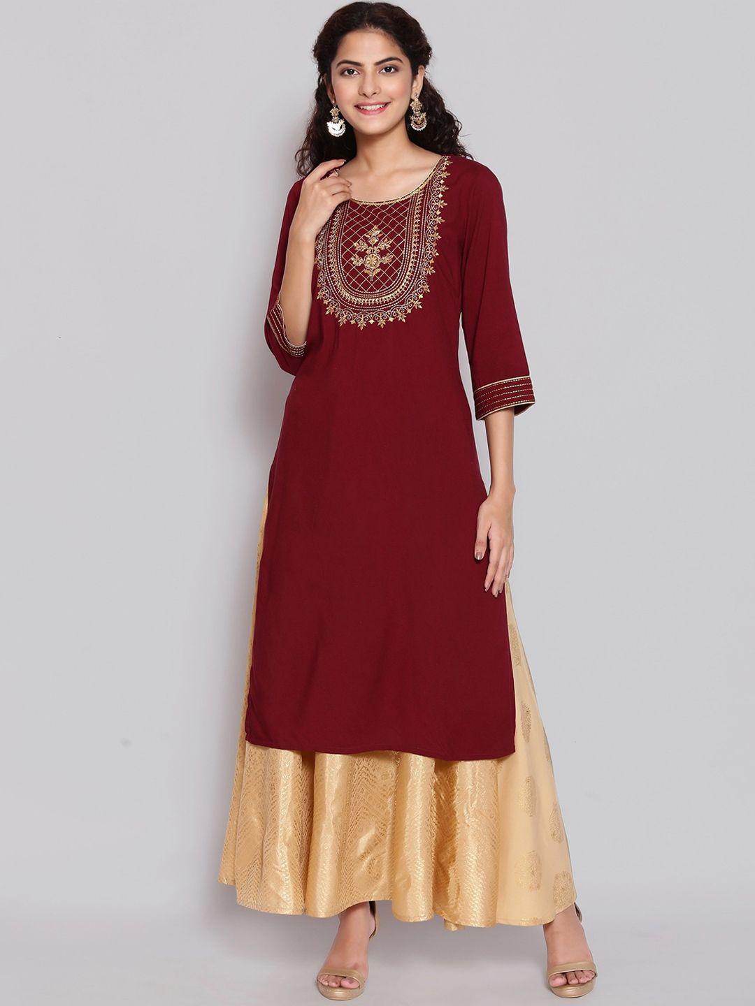 aurelia women maroon & gold-toned floral embroidered thread work floral kurta