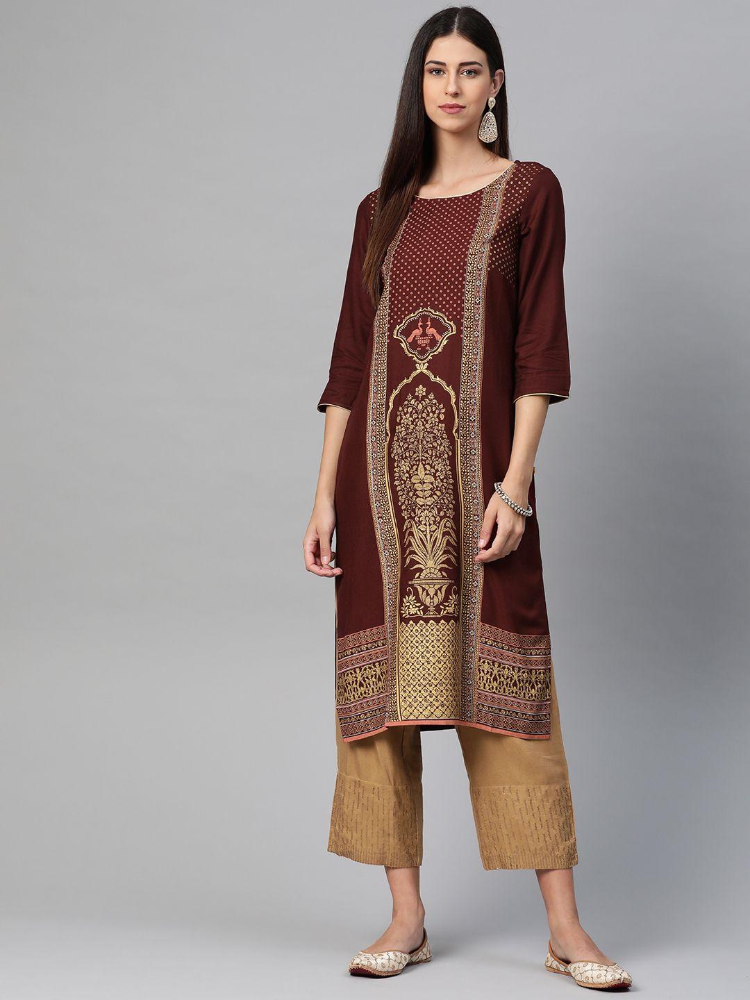 aurelia women maroon & golden geometric printed kurta