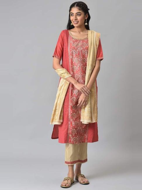 aurelia women maroon floral print silk kurta set with trousers & dupatta