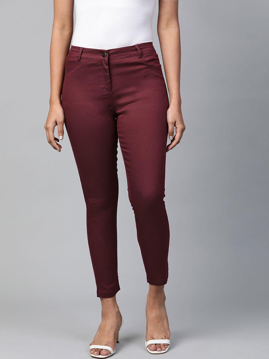 aurelia women maroon regular fit solid cropped trousers