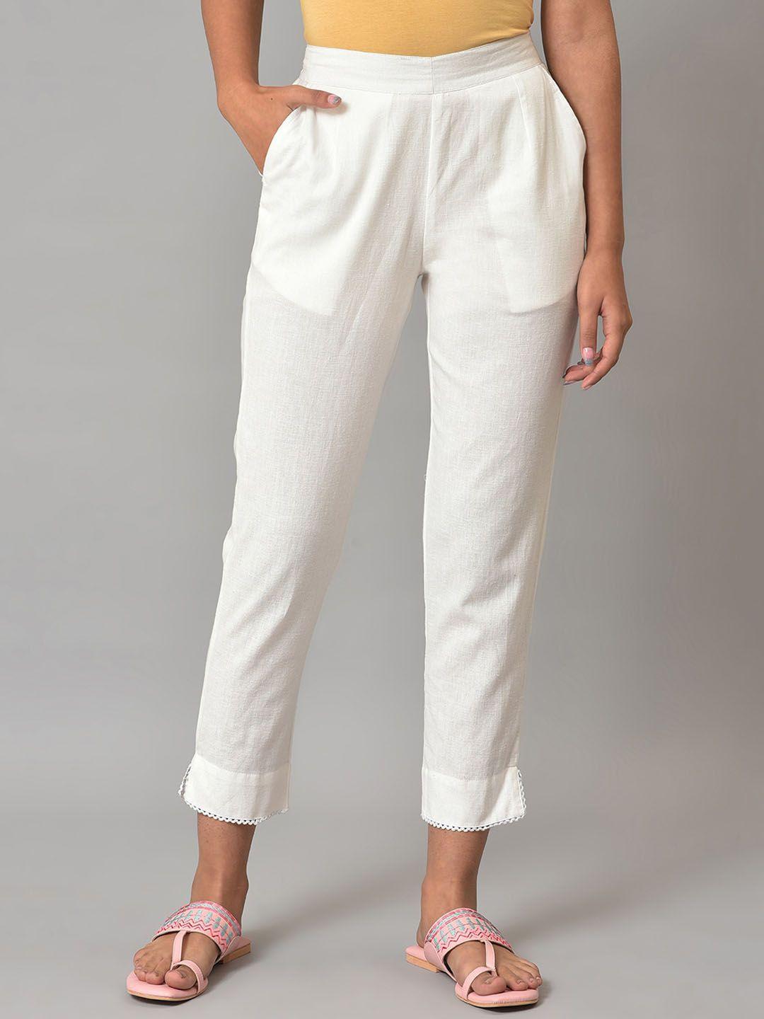 aurelia women mid-rise cropped pure cotton cigerette trousers