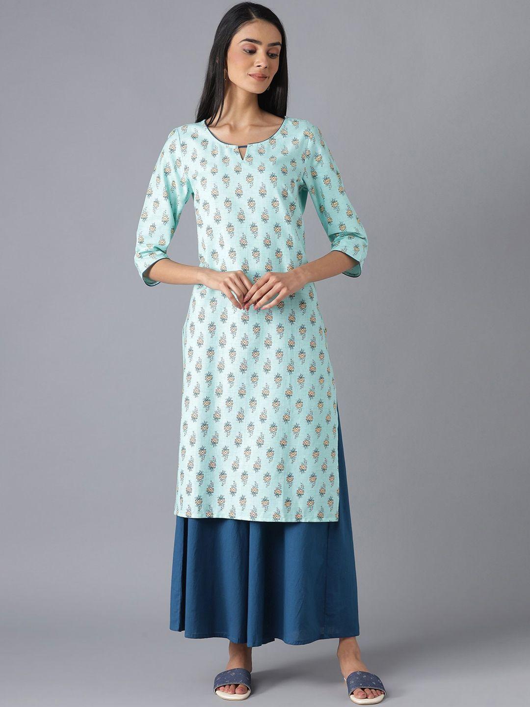 aurelia women mint green & navy blue floral printed kurta with palazzo