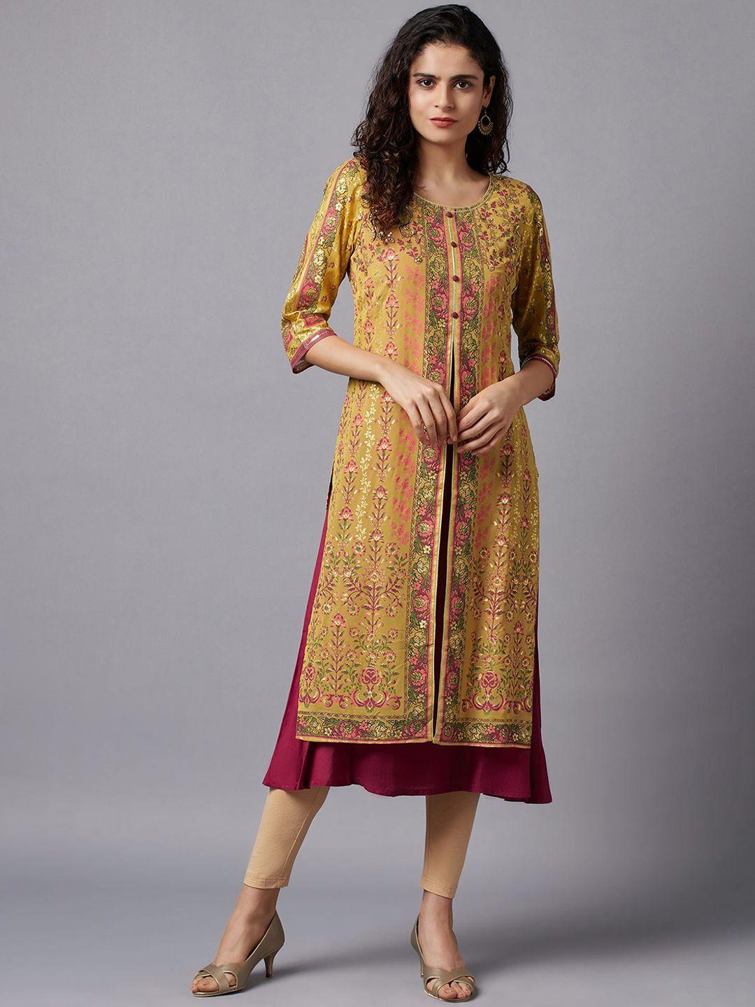 aurelia women mustard yellow & burgundy ethnic motifs printed kurta