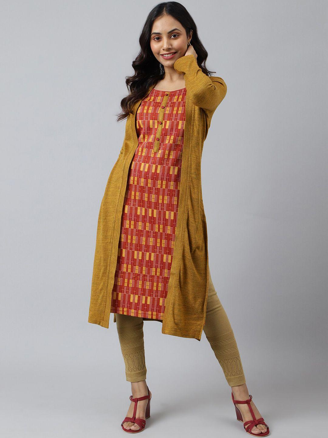 aurelia women mustard yellow & red printed acrylic straight kurta