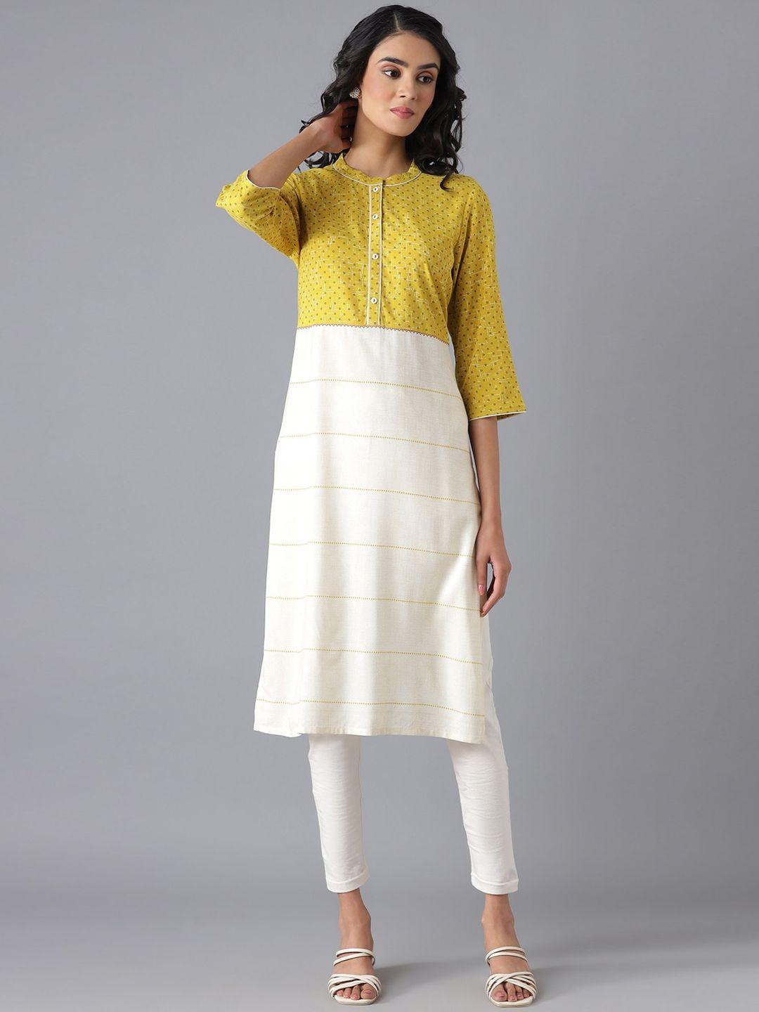 aurelia women mustard yellow & white ethnic motifs kurta