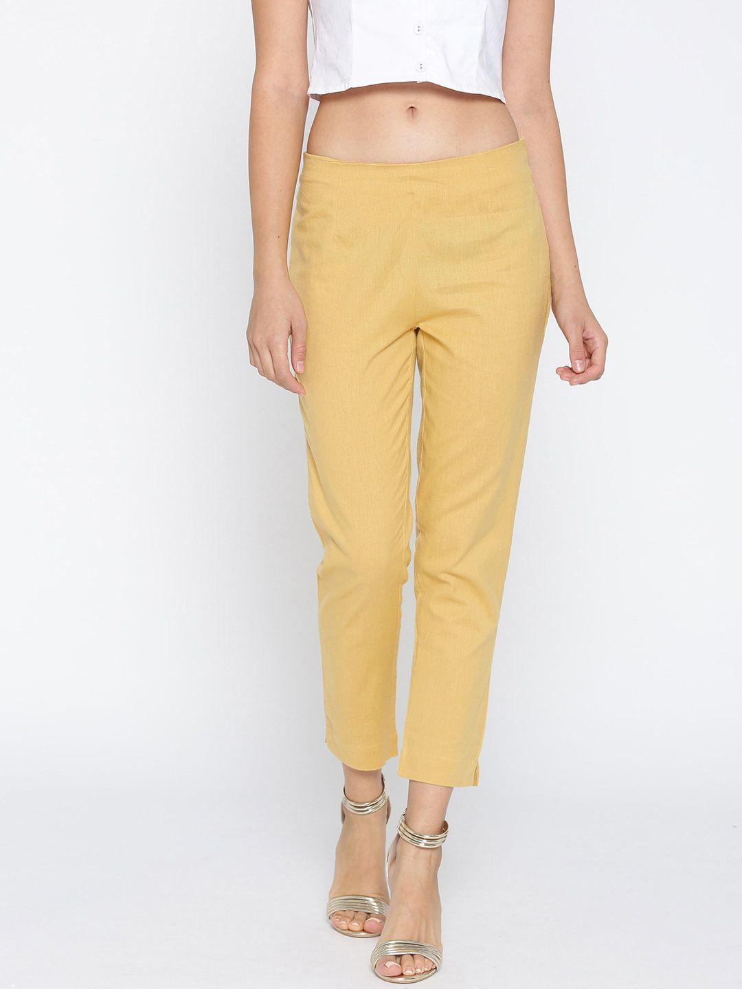 aurelia women mustard yellow regular fit solid cropped trousers