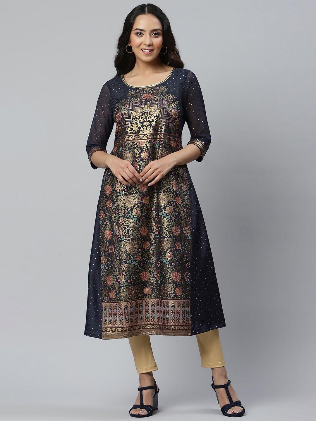 aurelia women navy blue & gold-toned floral round neck kurta