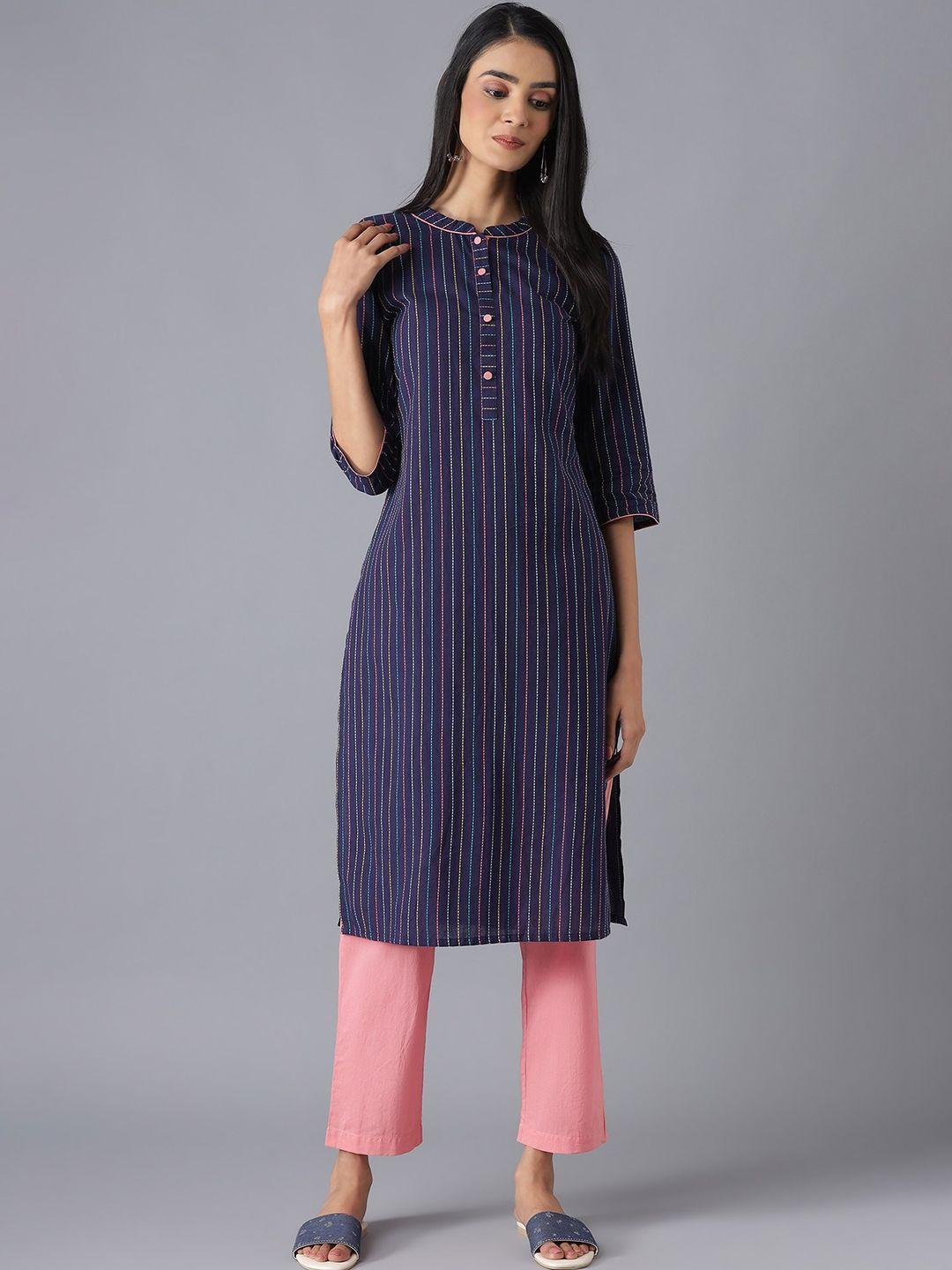 aurelia women navy blue & pink striped pure cotton kurta with trousers