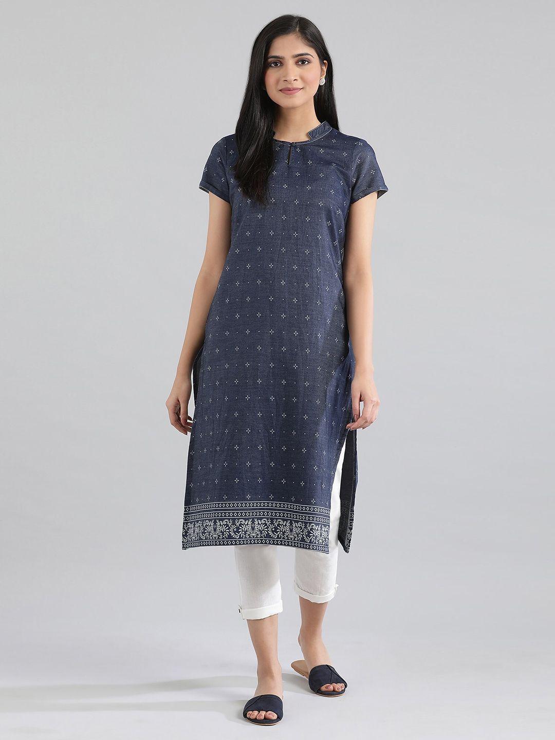 aurelia women navy blue & white floral printed kurta