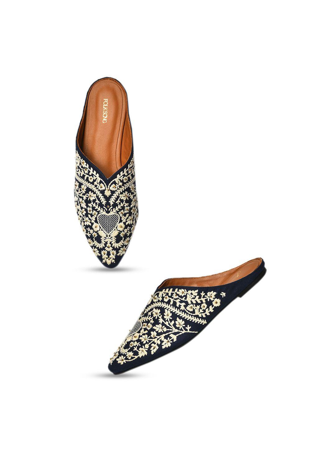 aurelia women navy blue embellished ethnic mules flats