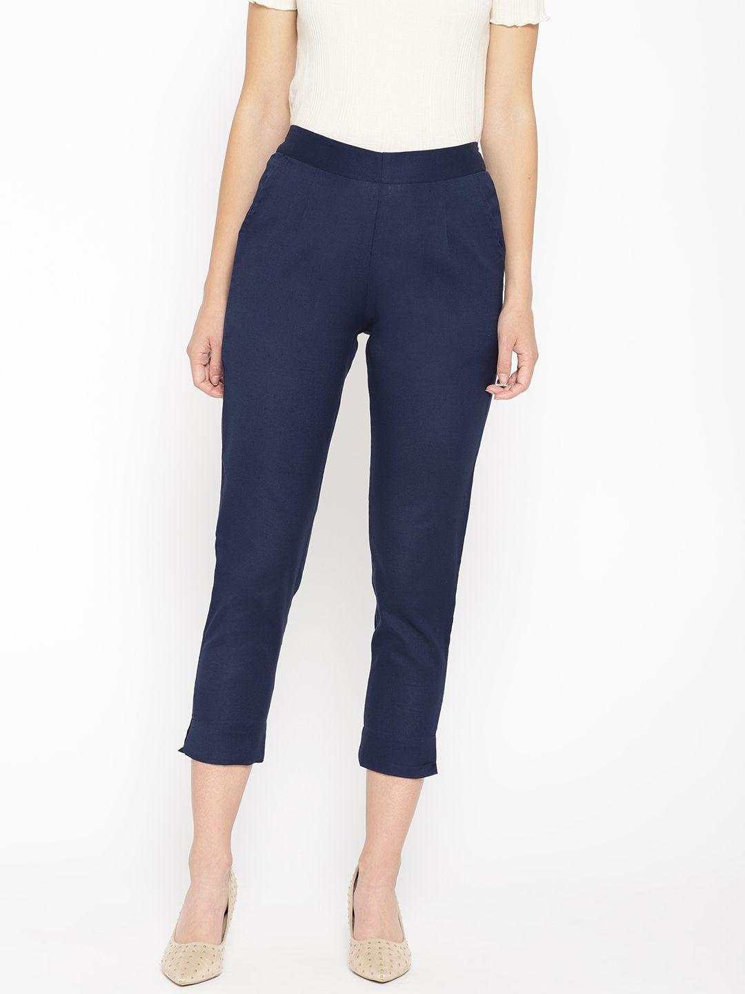 aurelia women navy blue regular fit solid cropped trousers