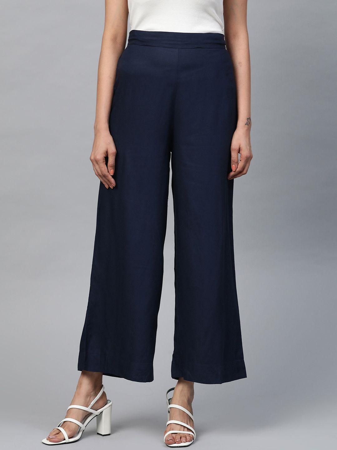 aurelia women navy blue solid wide leg palazzos