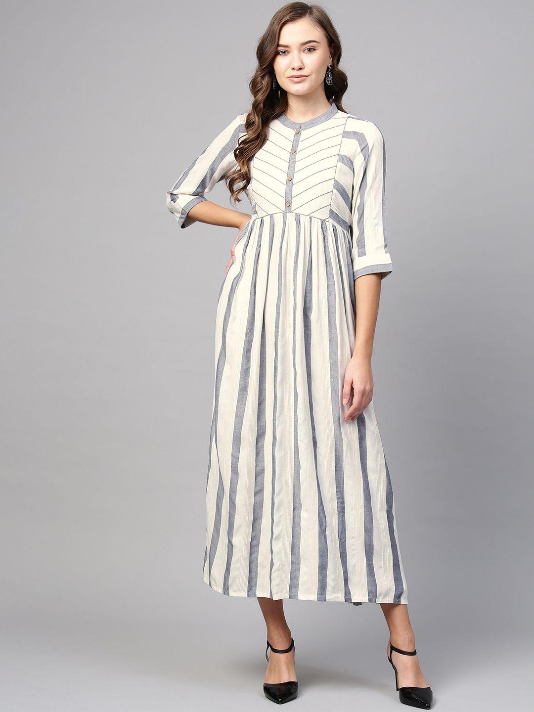 aurelia women off-white & navy blue striped maxi dress