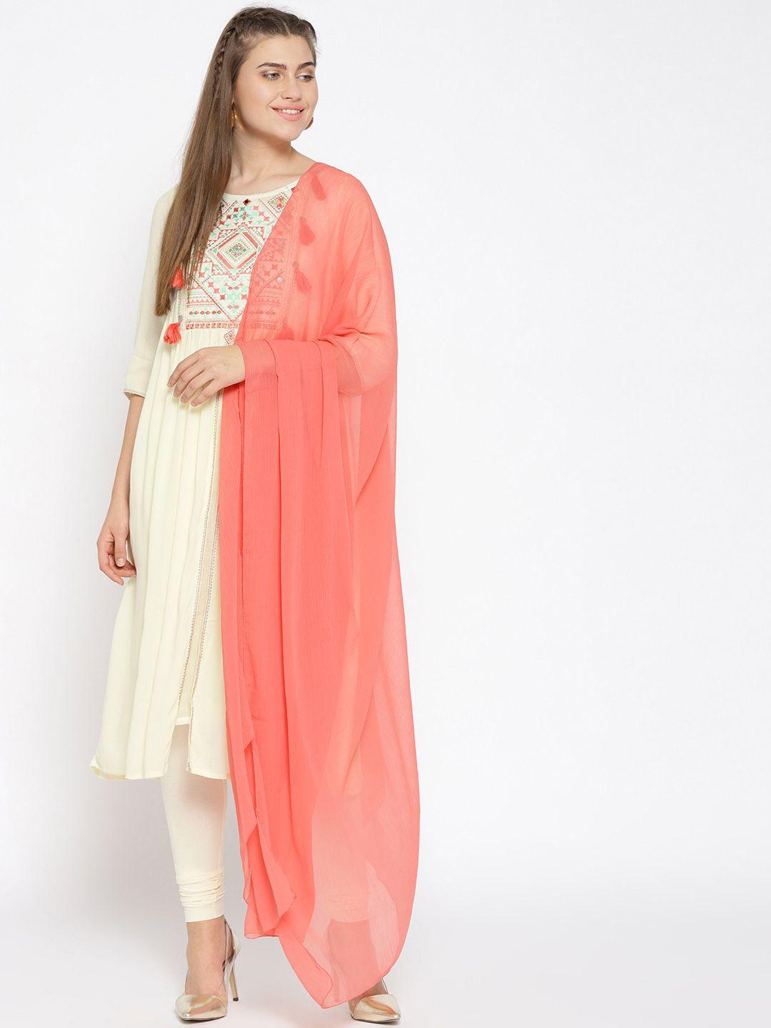 aurelia women off-white & peach-coloured yoke design kurta with churidar & dupatta