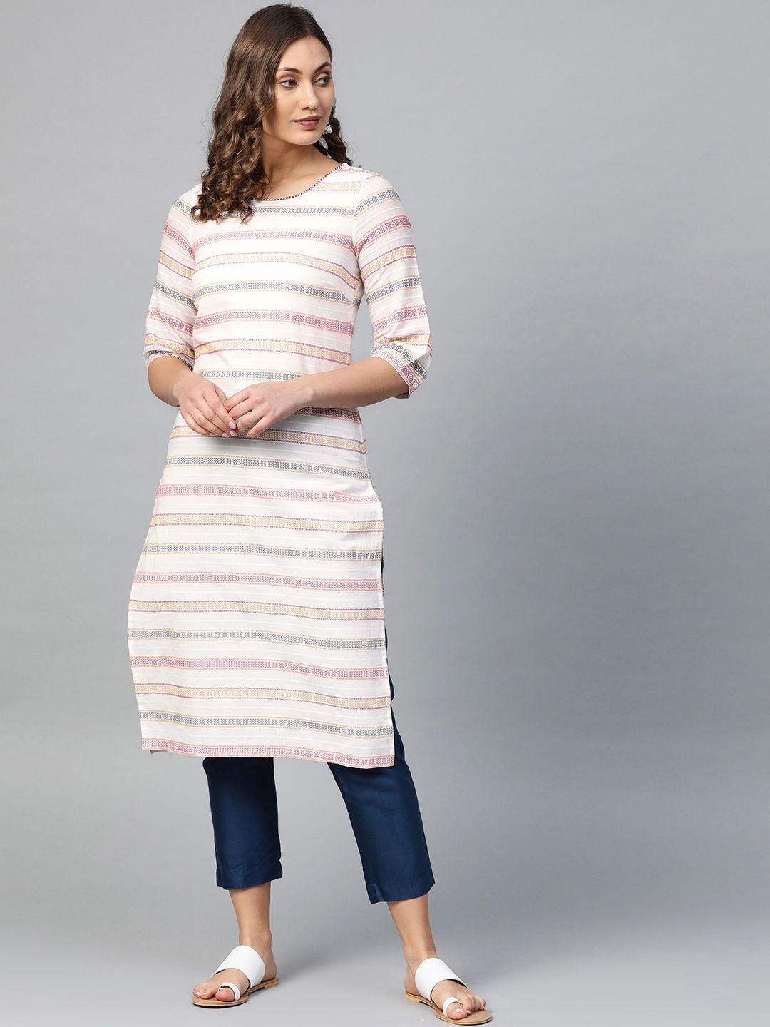 aurelia women off-white & pink self-striped straight kurta