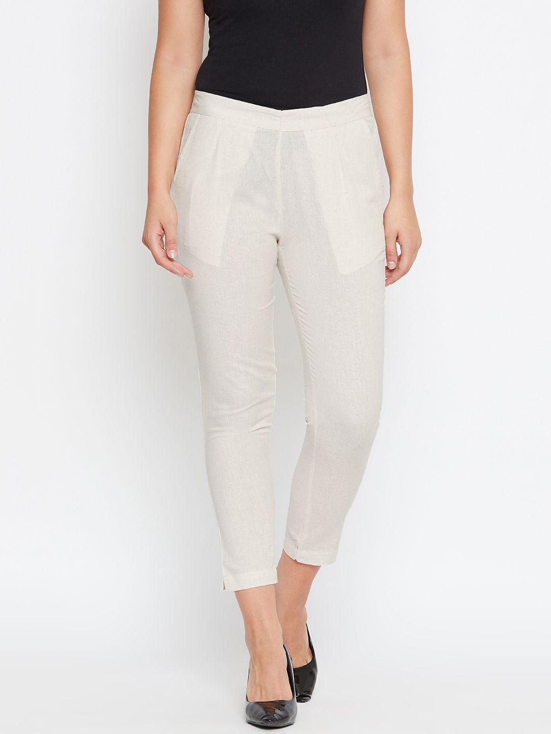 aurelia women off-white regular fit solid cropped trousers
