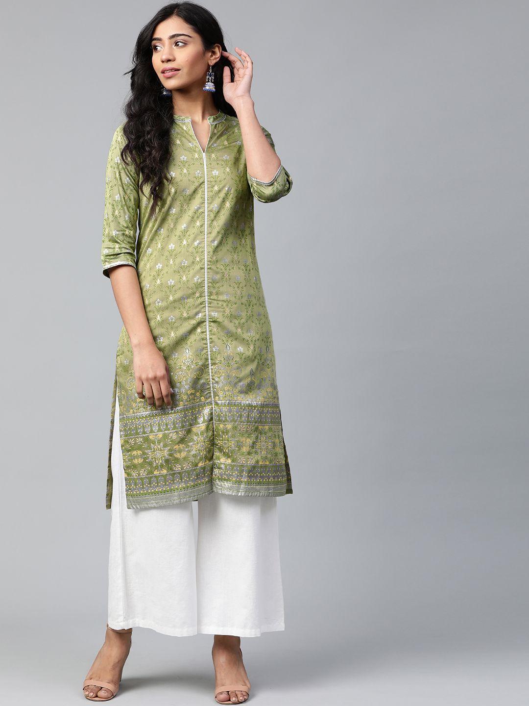 aurelia women olive green & silver printed straight kurta