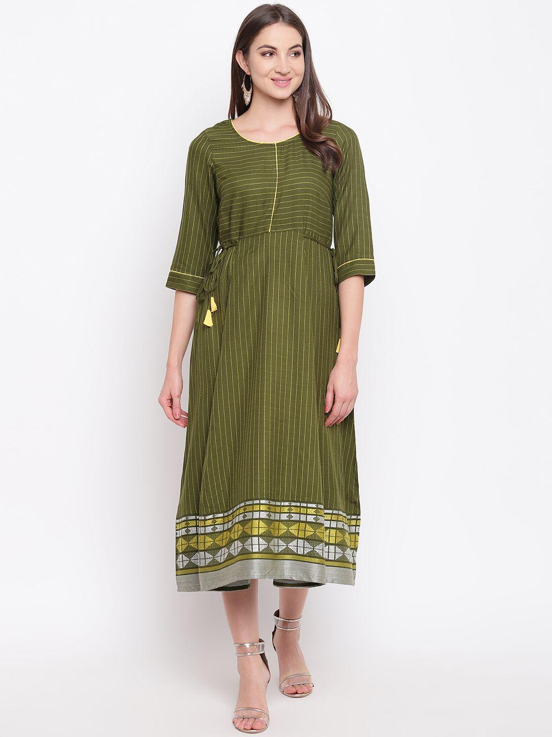 aurelia women olive green & yellow striped a-line ethnic dress