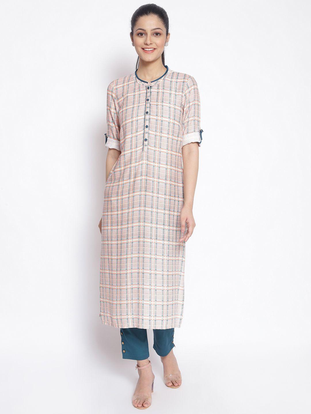 aurelia women orange & green checked kurta