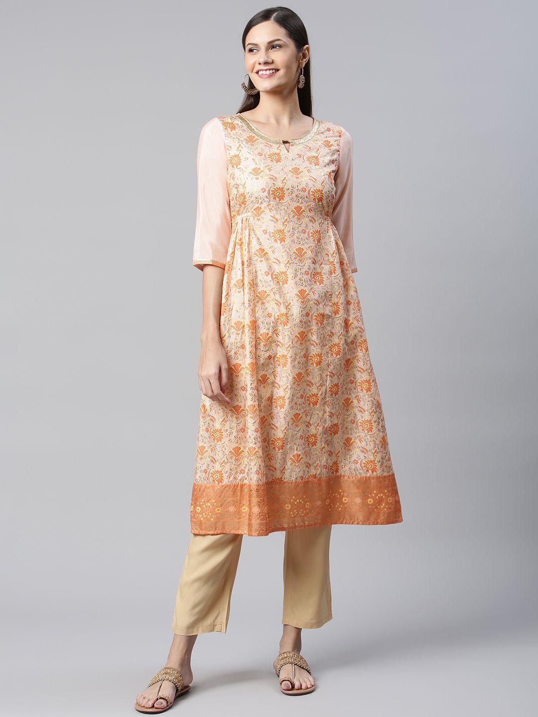 aurelia women peach-coloured & orange ethnic motifs printed kurta